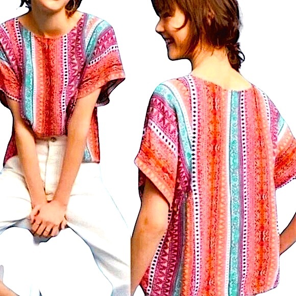 MAEVE ANTHROPOLOGIE Milla Boho Top Vibrant Multi Colour Short Sleeves Loose Fit - Picture 2 of 8